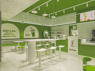 Green Modern Milk Tea Shop Interior With White Tables Chairs Pendant Lights And Bar Counter 3d model