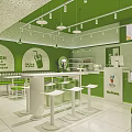 Green Modern Milk Tea Shop Interior With White Tables Chairs Pendant Lights And Bar Counter