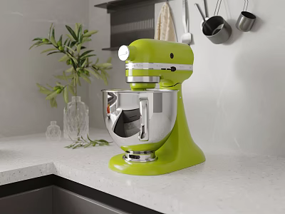 Green Stand Mixer on White Kitchen Countertop with Potted Plant and Glass Vase 3d model
