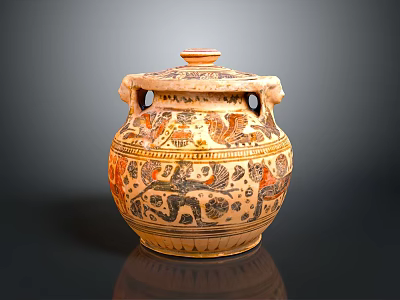 Traditional Carved Clay Jar With Intricate Animal Patterns And Decorative Sculptures 3d model