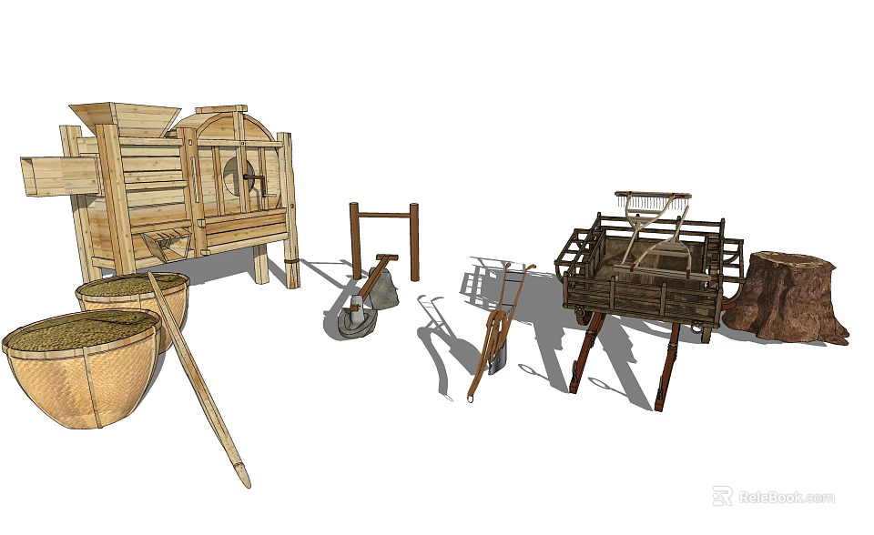 Traditional Wooden Household Items Featuring Storage Cabinets Barrels Carts And Farming Tools 3d model 