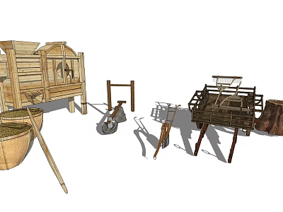 Traditional Wooden Household Items Featuring Storage Cabinets Barrels Carts And Farming Tools 3d model