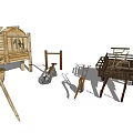 Traditional Wooden Household Items Featuring Storage Cabinets Barrels Carts And Farming Tools