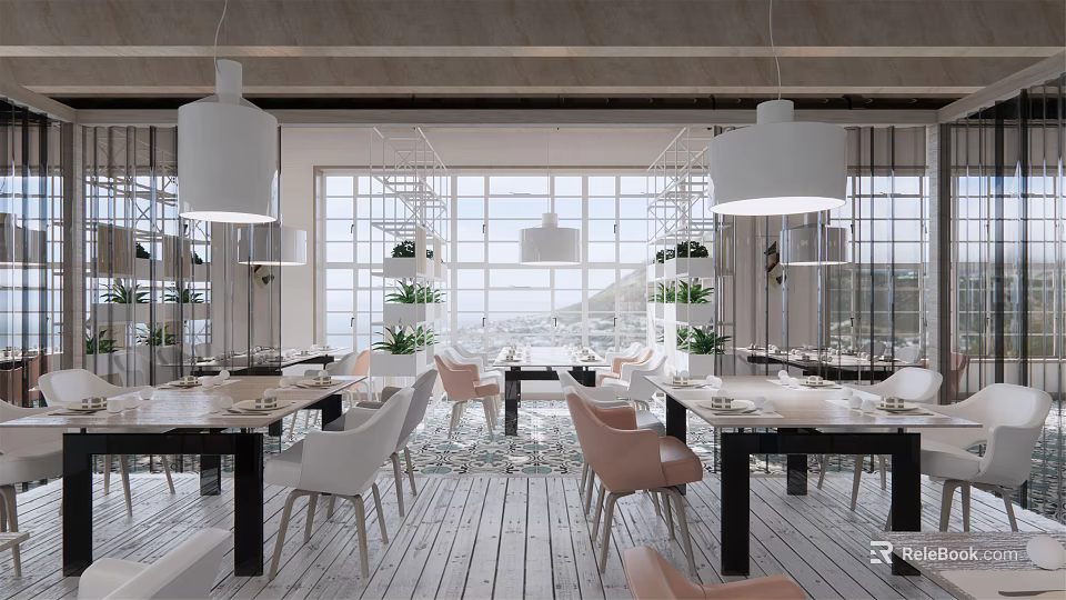 Modern Restaurant Interior With Large Windows Pendant Lights Tables Chairs And Wooden Flooring 3d model 
