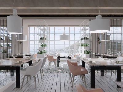 Modern Restaurant Interior With Large Windows Pendant Lights Tables Chairs And Wooden Flooring 3d model