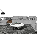 Modern Sectional Sofa With Checkered Pillows Floor Lamp Coffee Table And Patterned Rug 3d model