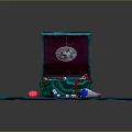 Open Green Jewelry Box With Pearl Necklace Red Flower Ornament And Blue Ring Decor Set