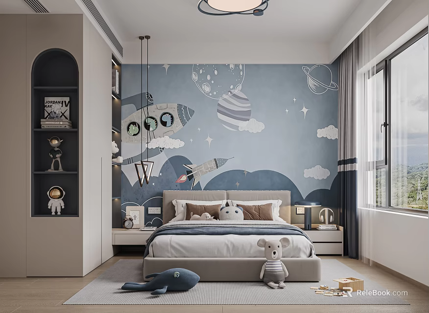 Kids Room Interior With Space Themed Mural Rocket Planets Stars Stuffed Toys And Astronaut Decor 3d model 