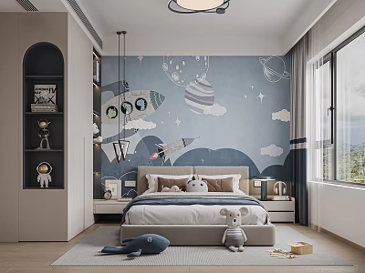 Kids Room Interior With Space Themed Mural Rocket Planets Stars Stuffed Toys And Astronaut Decor 3d model