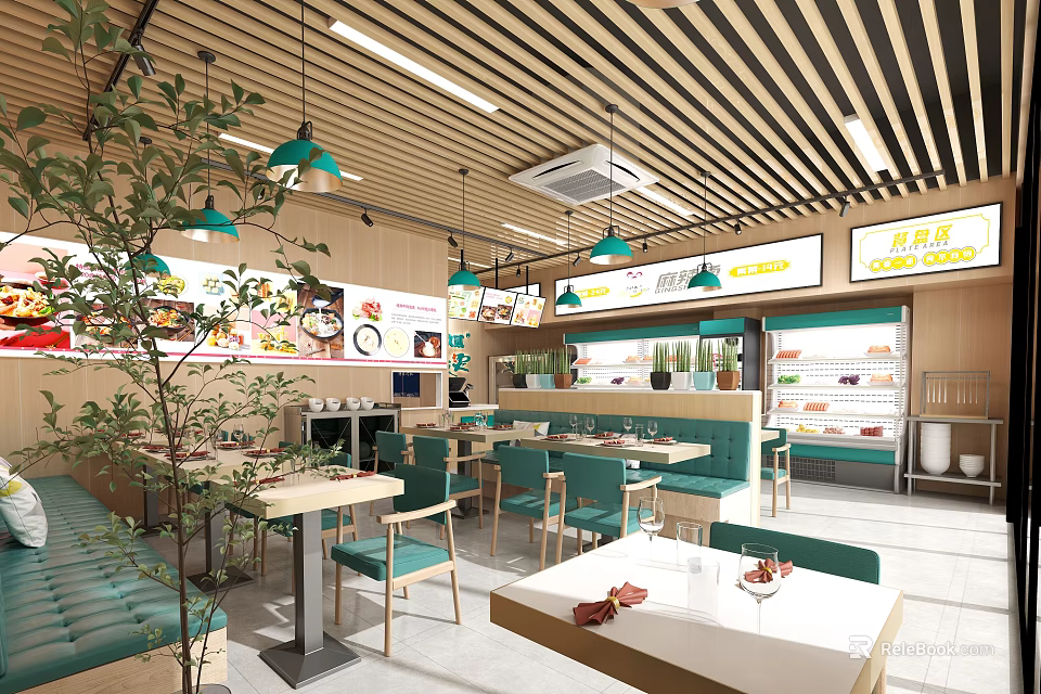 Modern Restaurant Interior Design With Green Banquettes White Tables Pendant Lights And Menu Boards 3d model 