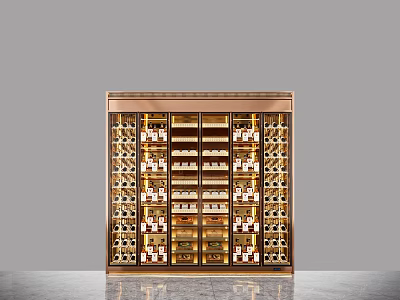 Luxury Wine Cabinet Interior With Gold Frame Glass Door And Layered Wine Bottles 3d model