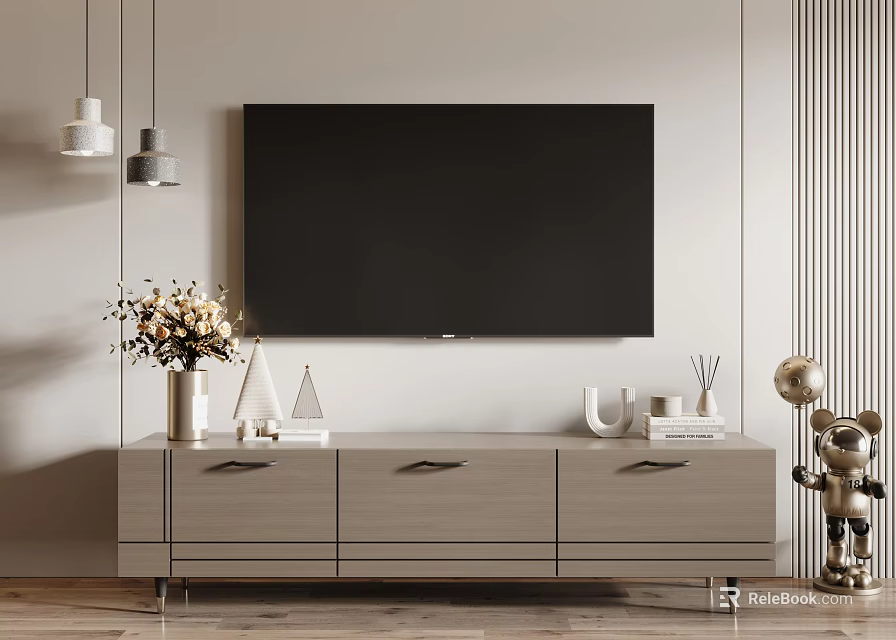 Modern Minimalist TV Stand With Flat Screen TV Pendant Lights And Decorative Items 3d model 