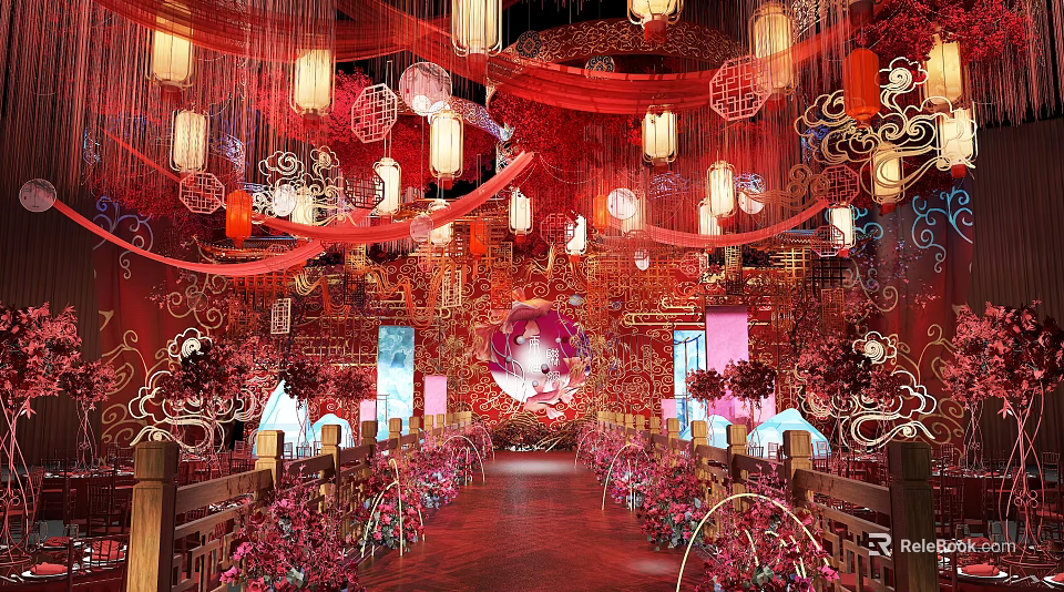 Chinese Style Banquet Hall With Red Decor Lanterns Flowers Chandeliers And Traditional Patterns 3d model 
