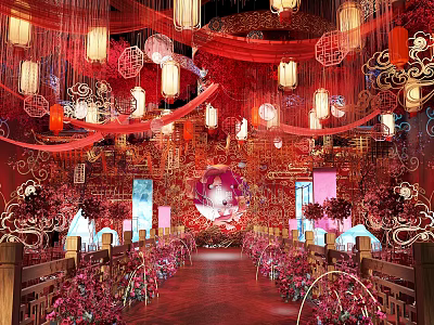 Chinese Style Banquet Hall With Red Decor Lanterns Flowers Chandeliers And Traditional Patterns 3d model