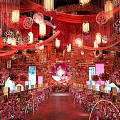 Chinese Style Banquet Hall With Red Decor Lanterns Flowers Chandeliers And Traditional Patterns