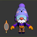 Cartoon Character with Purple Pompon Hat Blue Goggles Red Nose White Beard and Pink Racket