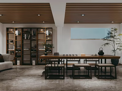 Basement Study Space Featuring Wooden Ceiling Bookshelves Long Wooden Table Benches Sofa And Plants 3d model