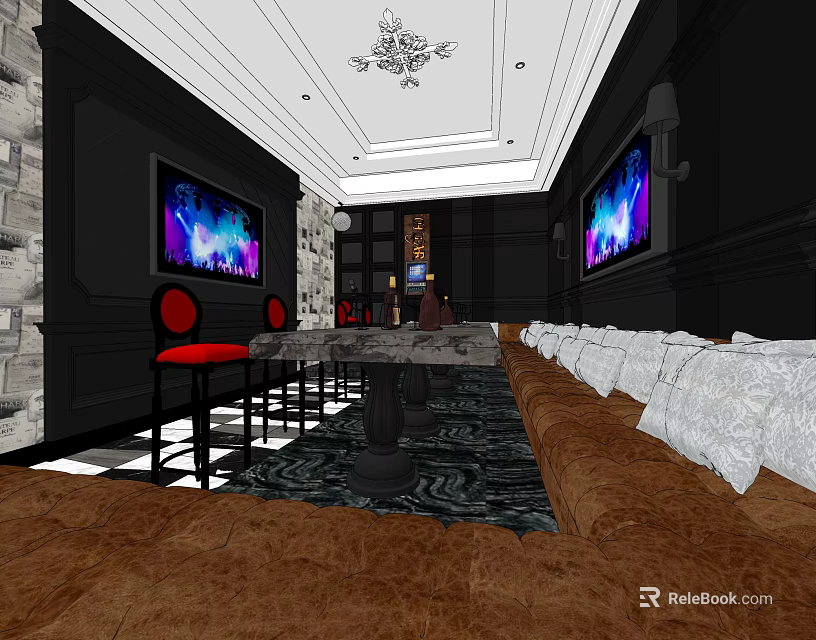 Elegant KTV Interior Design With Red Chairs TV Screens And Decorative Walls 3d model 