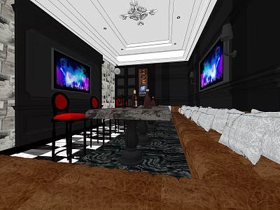 Elegant KTV Interior Design With Red Chairs TV Screens And Decorative Walls 3d model