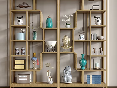 Traditional Chinese Display Shelf with Vases Buddha Statue and Decorative Items for Home Decor 3d model
