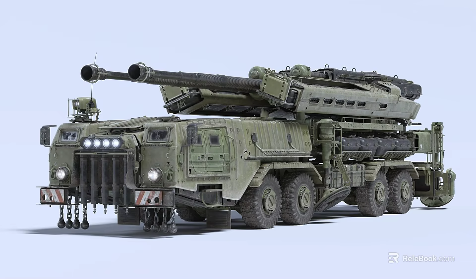 Military Green Self Propelled Artillery Weapon with Large Caliber Cannon and Multi Wheeled Chassis Design 3d model 