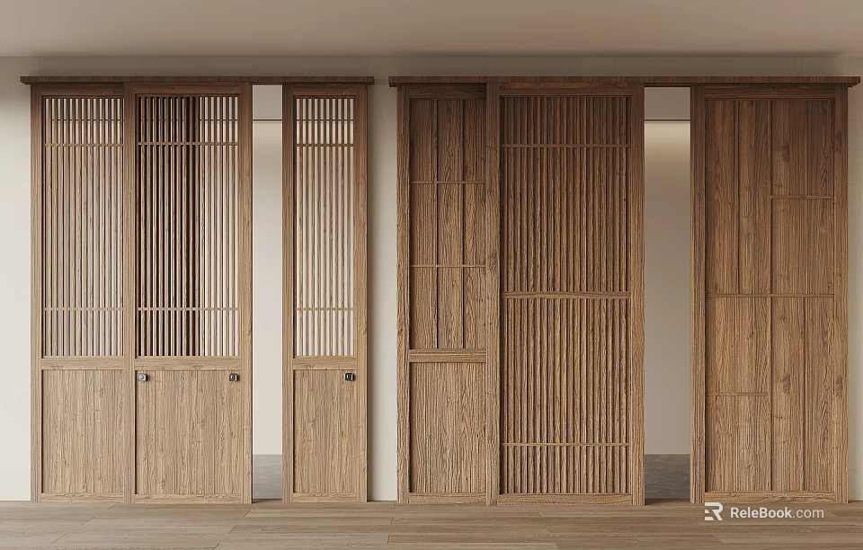 Modern Wooden Partition Screen Design With Vertical Slats And Grid Patterns For Interior Space 3d model