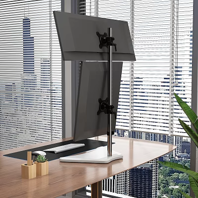 Iron Art Monitor Stand In Modern Desk With City View 3d model