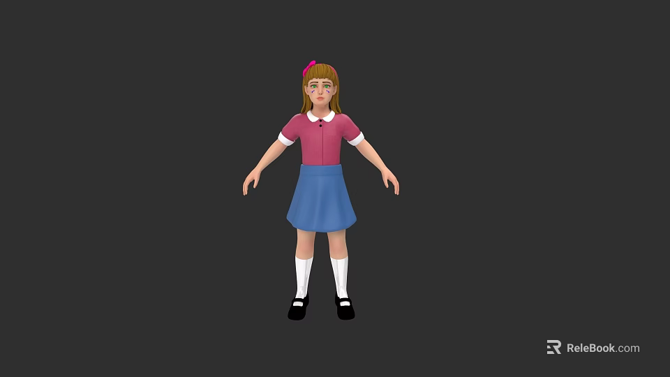 Game Movie Character Girl Wearing Pink Top Blue Skirt White Socks Black Shoes Pink Bow 3d model 