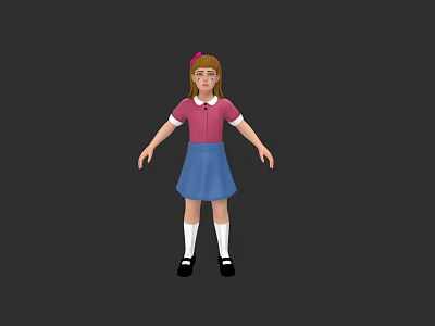 Game Movie Character Girl Wearing Pink Top Blue Skirt White Socks Black Shoes Pink Bow 3d model