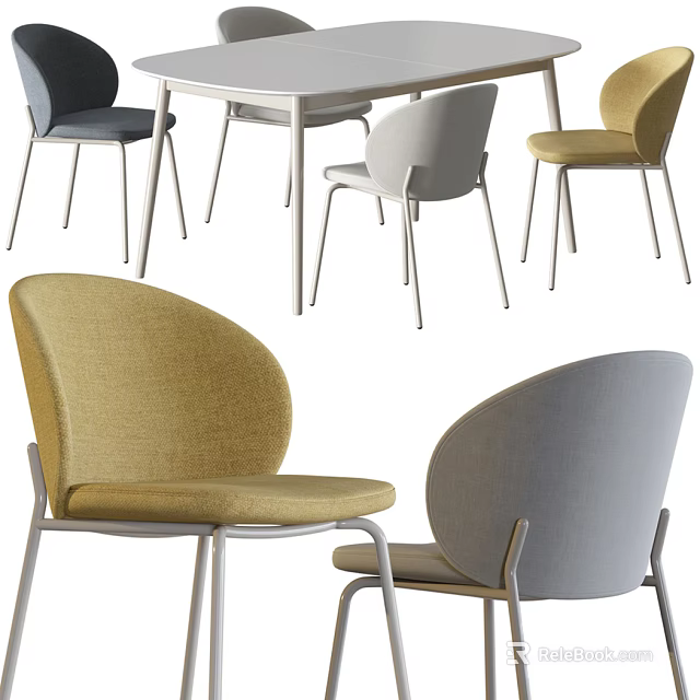 Modern Stylish Dining Table Set With Gray Yellow Blue Chairs And Curved Back Design 3d model