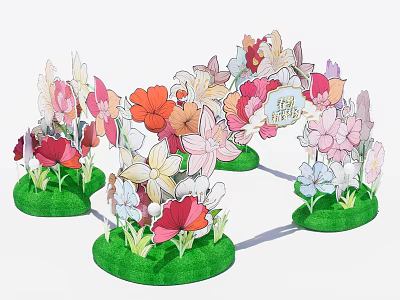 Colorful Paper Floral Installation With Various Colored Flowers On Green Circular Bases 3d model