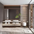Modern Bathroom Interior With Double Sinks Wooden Vanity Mirror Towels And Green Plant
