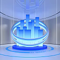 Modern Tech Exhibition Hall With Futuristic Blue Cityscape Sculpture And Visitor