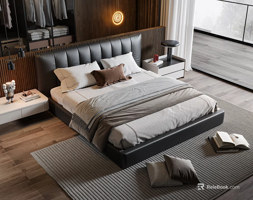 Modern Double Bed with Black Leather Headboard White Brown Pillows Gray Comforter Nightstand Table Lamp 3d model 