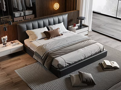 Modern Double Bed with Black Leather Headboard White Brown Pillows Gray Comforter Nightstand Table Lamp 3d model