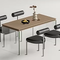 Modern Dining Table Set With Wooden Top Black Chairs Metal Legs Flower Vase Fruit Bowl