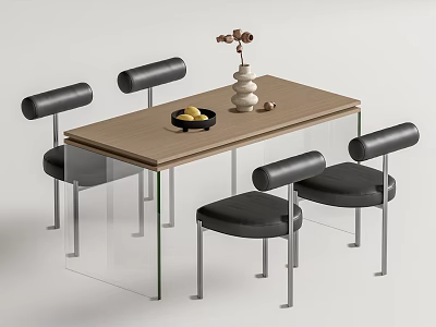Modern Dining Table Set With Wooden Top Black Chairs Metal Legs Flower Vase Fruit Bowl 3d model