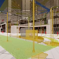 Modern Commercial Street Shopping Hub Featuring Colorful Circular Decorations High Rise Buildings And Green Lawn