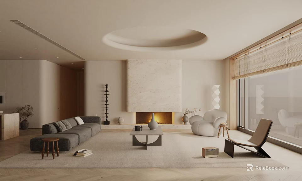 Modern Living Room Interior With Gray Sofa Circular Ceiling Decor Beige Walls And Fireplace 3d model 