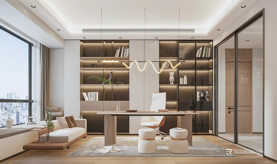 Modern Study Room With Bookshelves Desk And Sofa 3d model