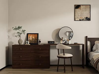 Modern Wooden Vanity Dresser With Round Mirror And Chair In Bedroom Interior 3d model