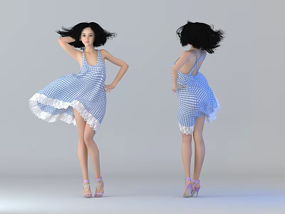 Woman in Blue and White Checkered Dress With Flowing Hair White Lace Hem High Heels 3d model