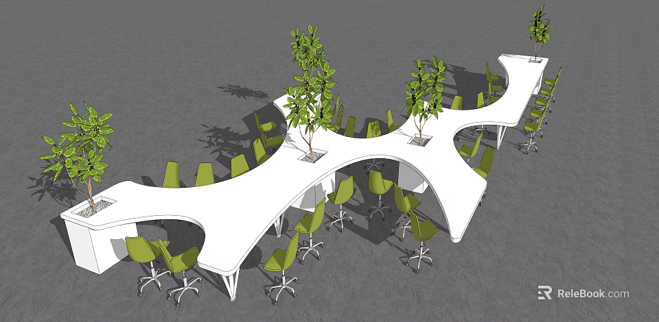 Unique White Curved Table and Chair Set with Green Rolling Chairs and Small Trees 3d model 
