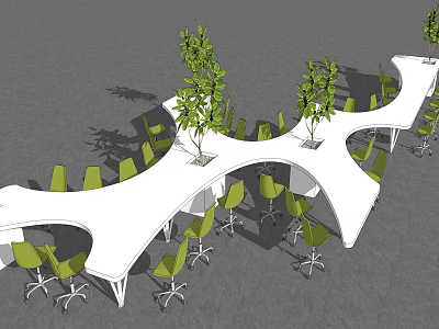 Unique White Curved Table and Chair Set with Green Rolling Chairs and Small Trees 3d model