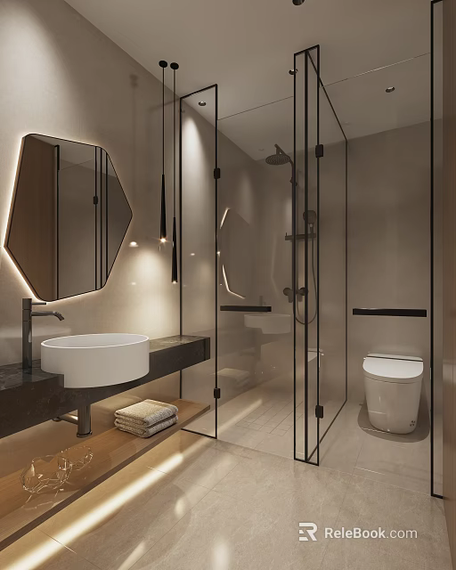Modern Bathroom Interior Design With Hexagonal Mirror Glass Shower Vanity And Wall Mounted Toilet 3d model 