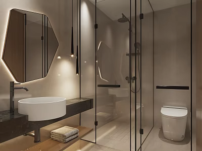Modern Bathroom Interior Design With Hexagonal Mirror Glass Shower Vanity And Wall Mounted Toilet 3d model