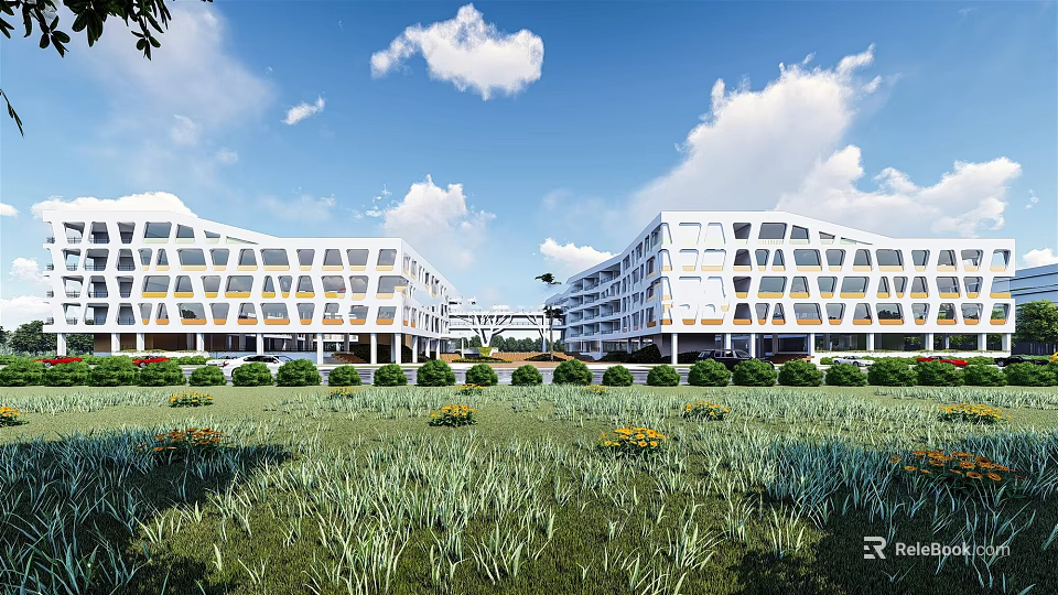 Modern White School Building With Geometric Windows Front Lawn Greenery And Blue Sky Clouds 3d model 