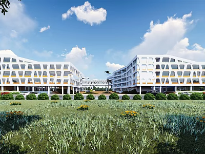 Modern White School Building With Geometric Windows Front Lawn Greenery And Blue Sky Clouds 3d model