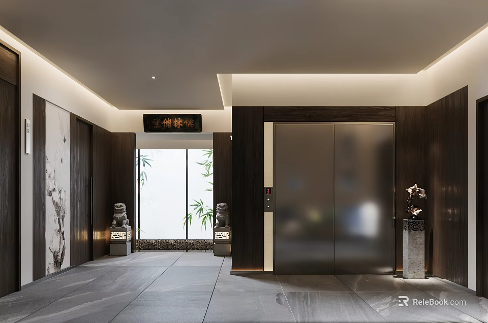Modern Elevator Hallway Interior With Wooden Walls Recessed Lighting Marble Floor And Decorative Sculptures 3d model 