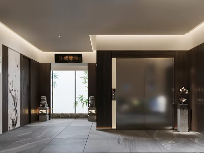 Modern Elevator Hallway Interior With Wooden Walls Recessed Lighting Marble Floor And Decorative Sculptures 3d model